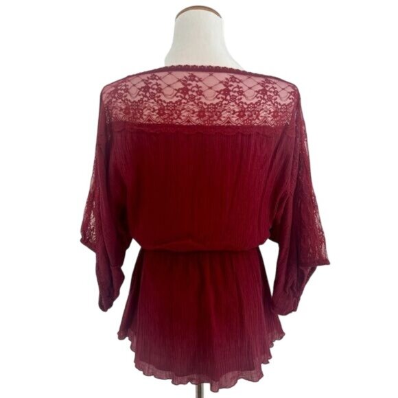 RARE Vintage Free People Burgundy Red Lace Trim Cinched Waist Boho Crepe Top - Picture 3 of 16
